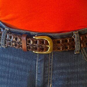 Roundtree & Yorke Mens Brown leather Belt woven open cutwork essential timeless